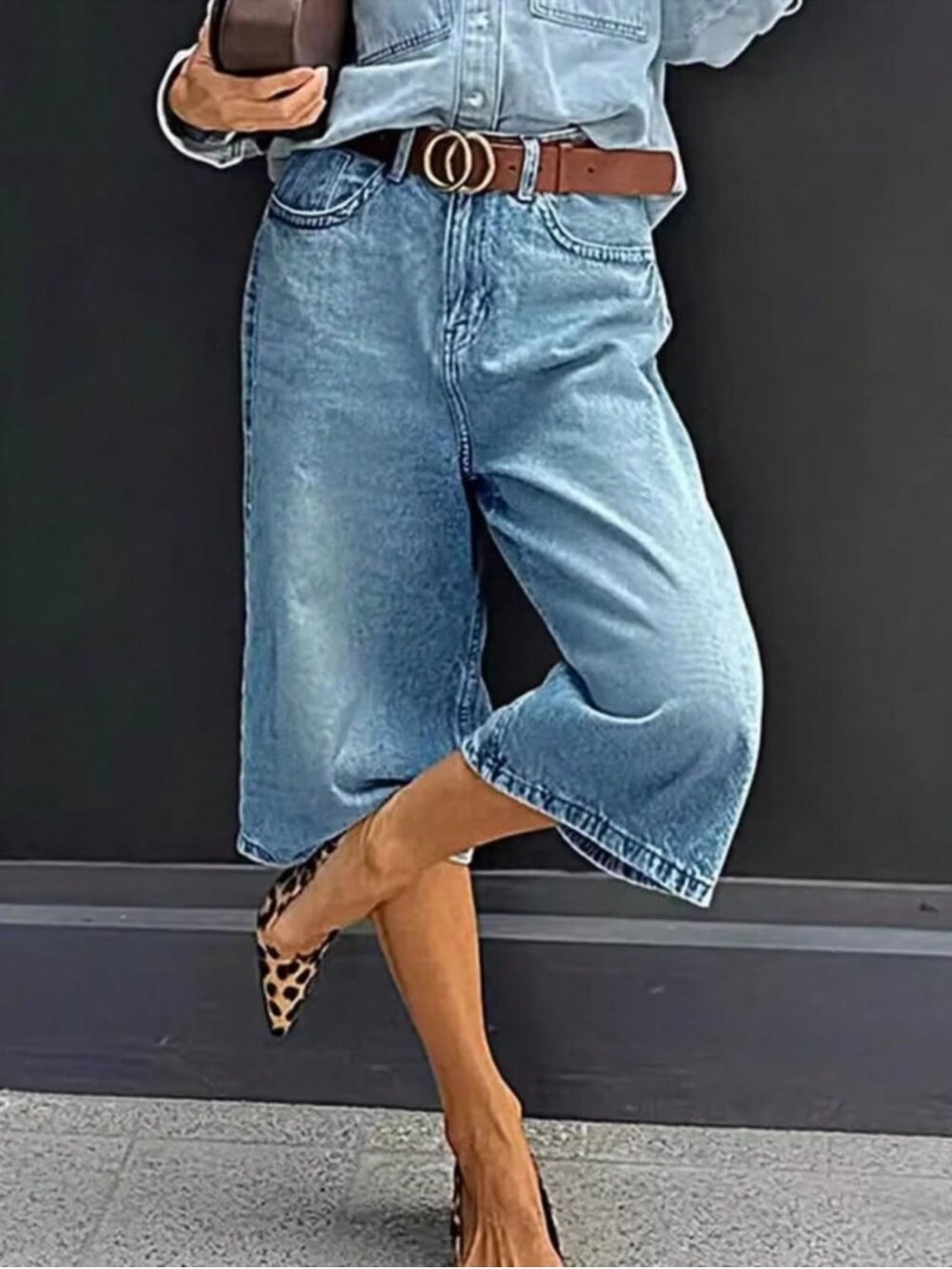 Medium Blue Bohemian Women's Denim Bermuda Shorts with Button Zipper Detail